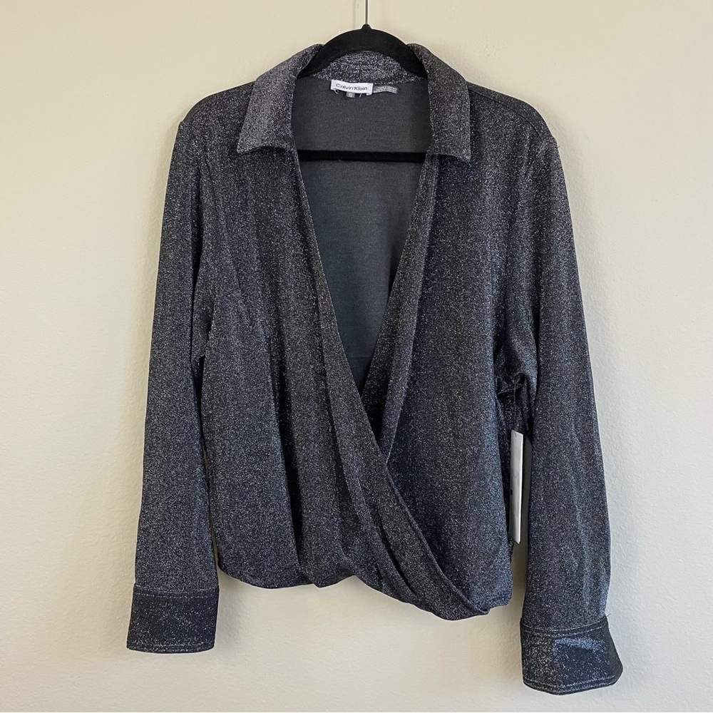 NWT Calvin Klein Lurex Long-Sleeve Faux-Wrap Top Size XL - Picture 2 of 7